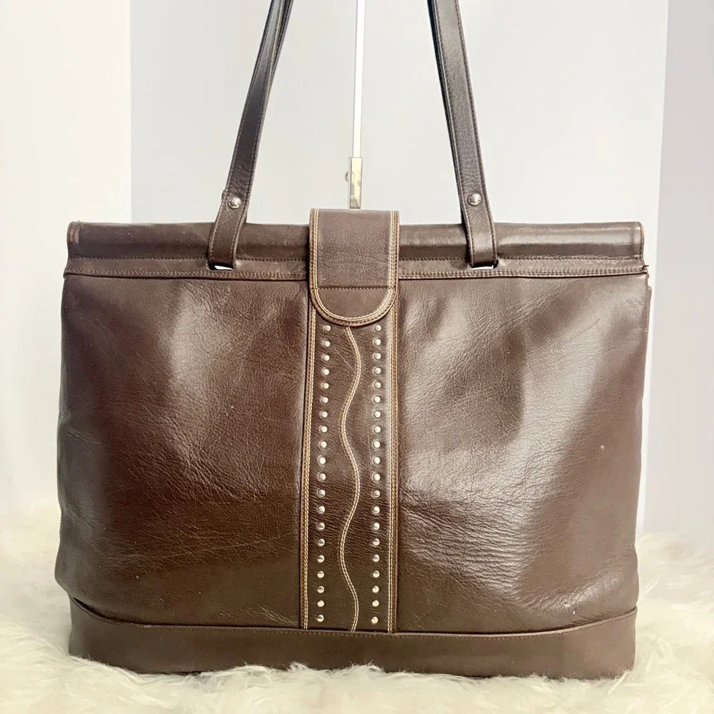 Vintage Kathi Kilburn Brown Leather Studded Tote Bag Handcrafted in Spain RARE